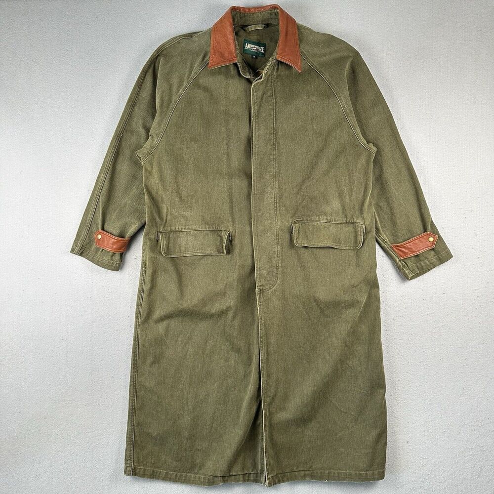 Vintage‎ American Eagle Duster Jacket Men’s Medium Green Canvas Leather Trim